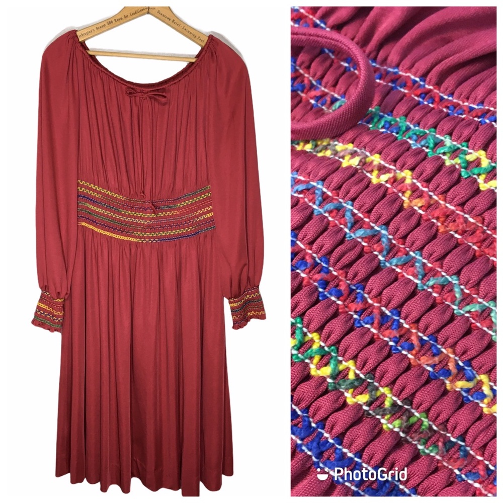 Vintage 70s Smocked Rust Dress, RAINBOW Hippie Dress, Boho Festival Dress, Disco